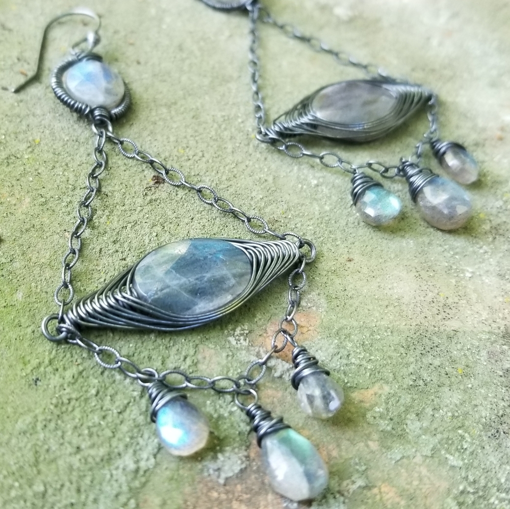 Elegant Sterling Handmade Labradorite Evil Eye Earrings